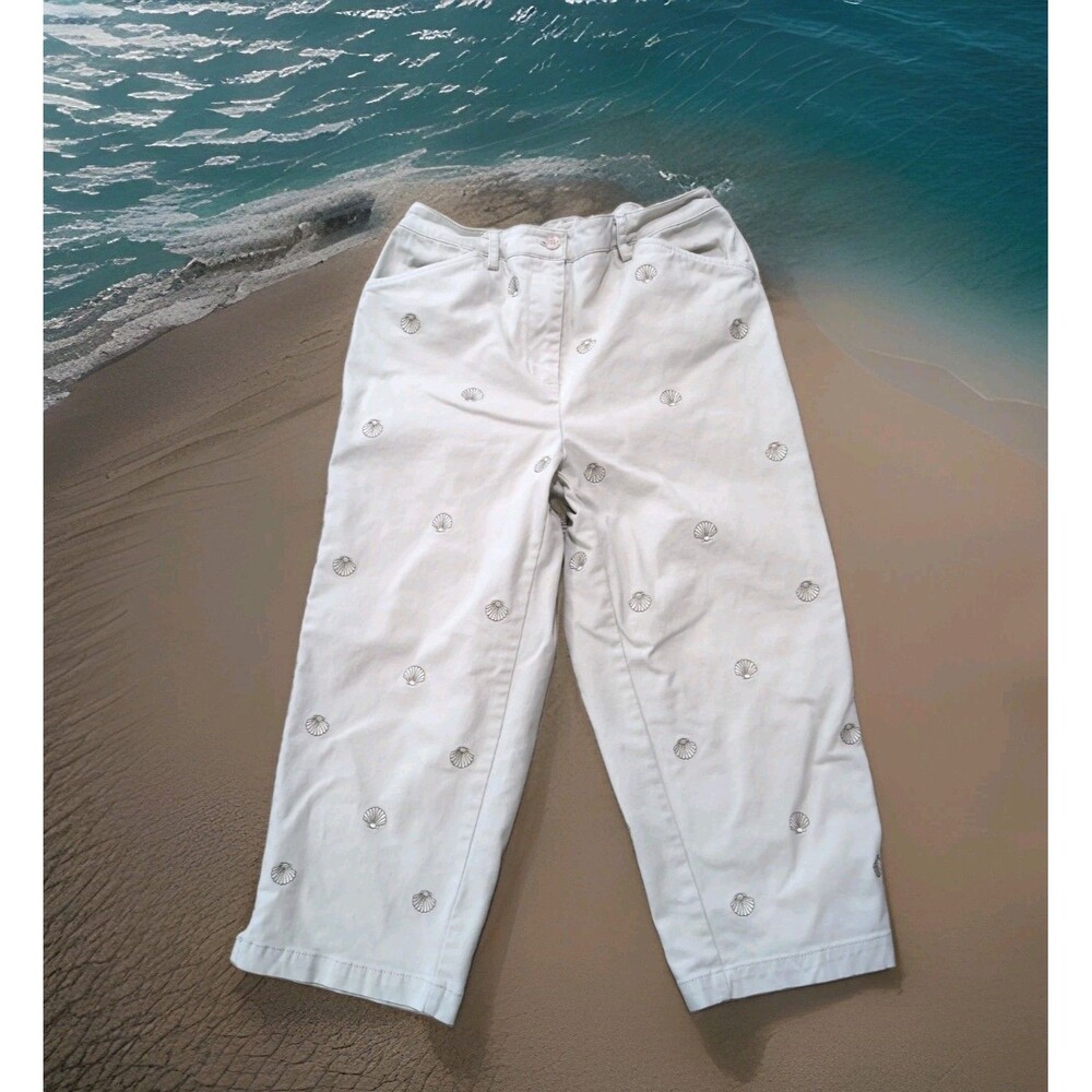 APPLESEEDS PETITE EMBROIDERED COTTON/SPANDEX SEASHELL CROPPED PANTS W SZ 8P GUC